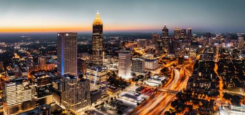 Aerial view of Atlanta nightscape. 