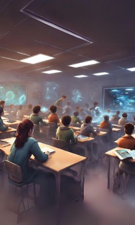 AI generated image of students studying science fiction in a classroom