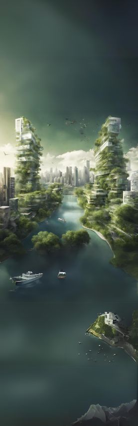 AI generated image of a line sketch of a futuristic city co-existing with nature