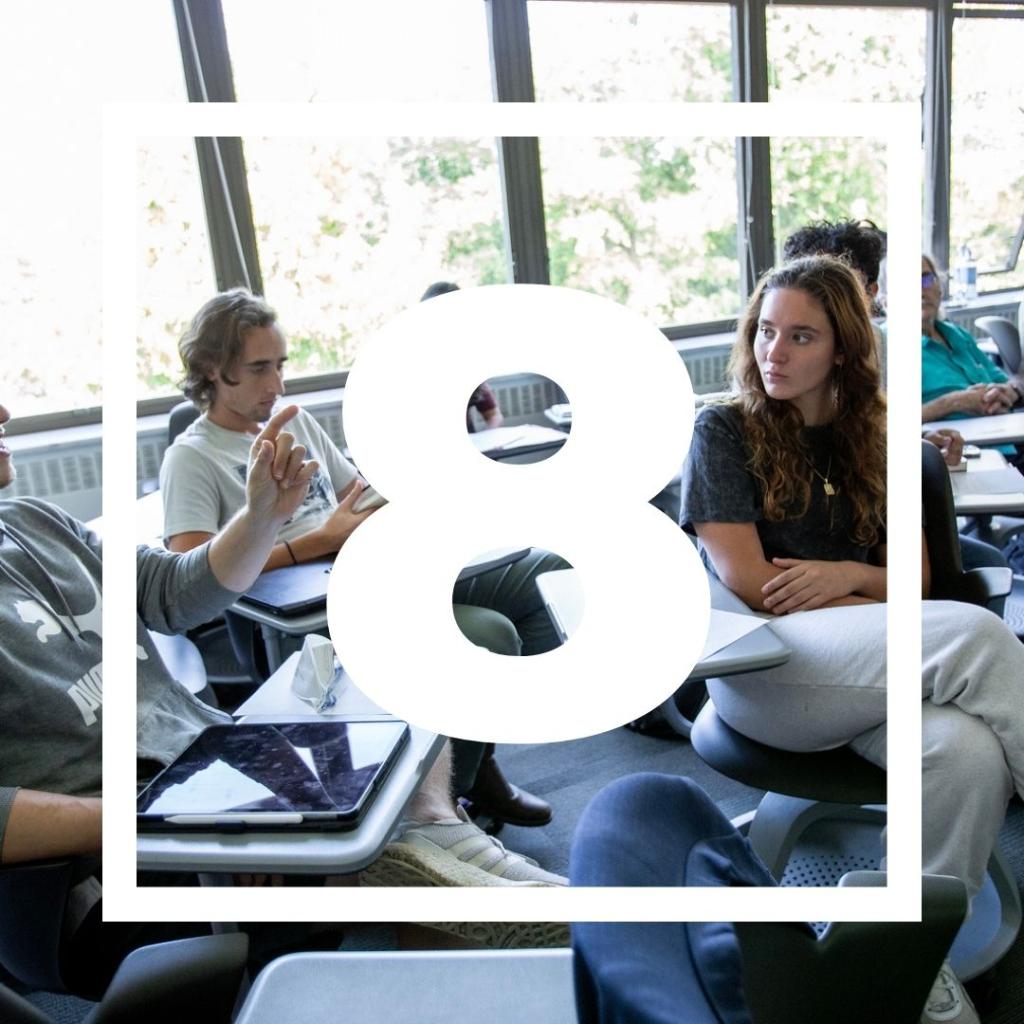 image of students in an IAC classroom with the number 8 on top of it in large font.
