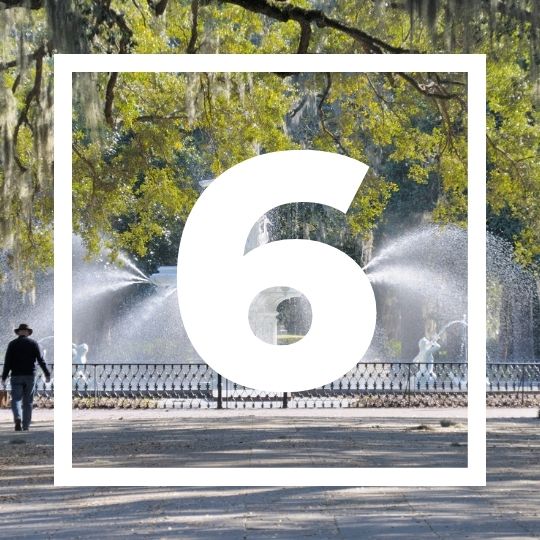 Image of a fountain and trees in Savannah, Georgia, with the number 6 on top of it.