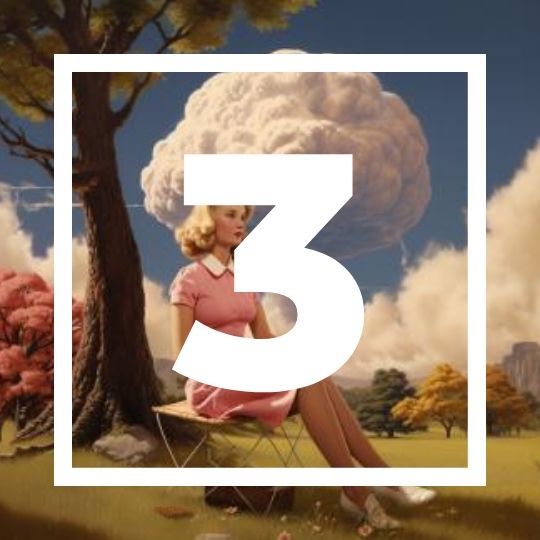 animated "Barbenheimer" image of a blonde barbie sitting in front of a mushroom cloud with the number 3 on top of it.
