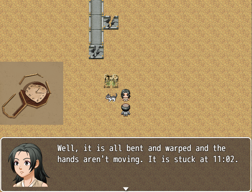 Screenshot from the Nagasaki Kitty game, with an anime woman looking at a broken clock and text reading "Well, it's all bent and warped and the hands aren't moving. It is stuck at 11:02."