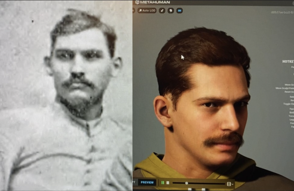 Left: historical image of a college football player in black and white. Right: and computer rendered version of the player in Jason's Before the Hedges project. The player looks realistic and appears in color.
