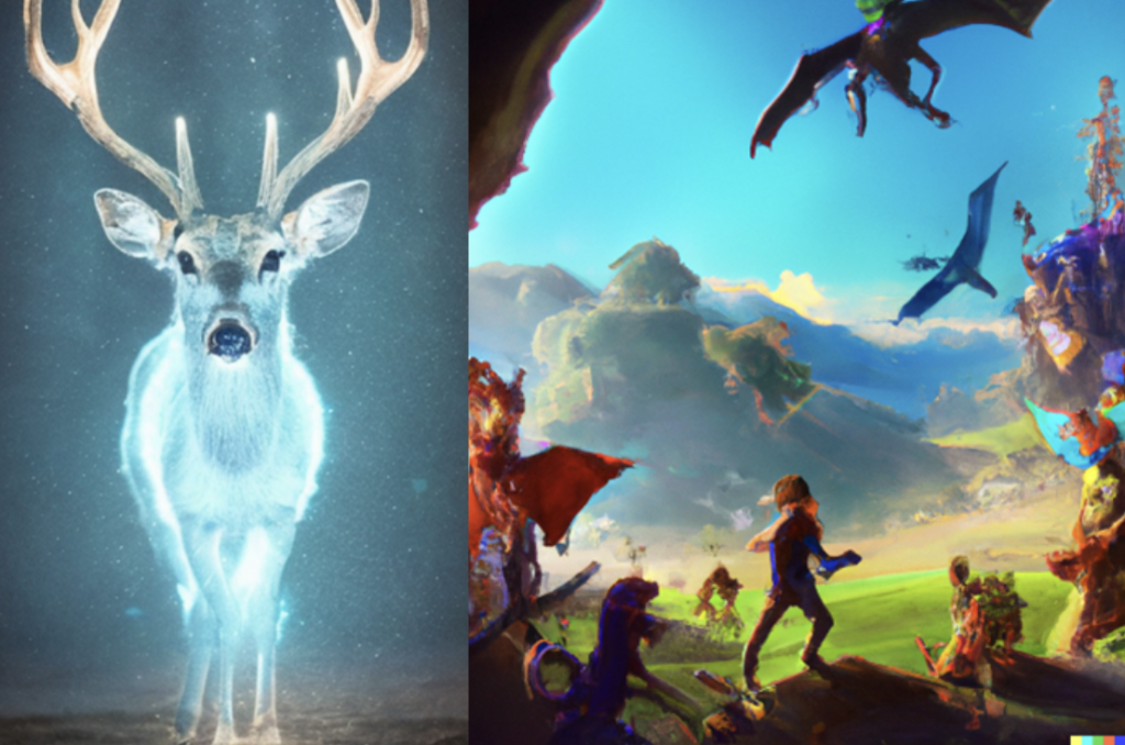 AI-generated images by students in Lainie's class that they made for their games. Left: a glowing deer. Right: a colorful fantasy world with an explorer and a dragon