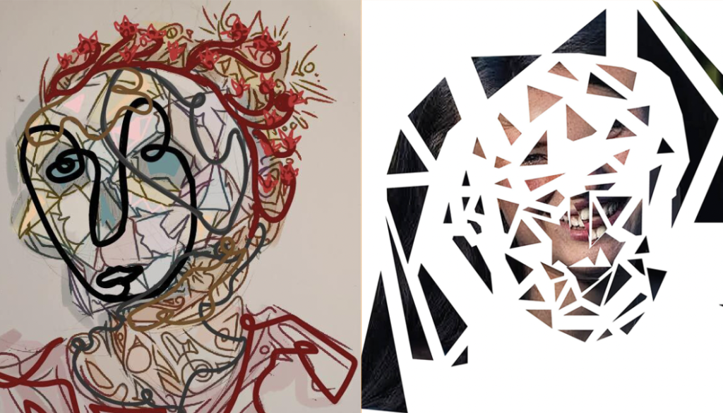 Two abstract self portraits by students in Leibert's Art and AI VIP