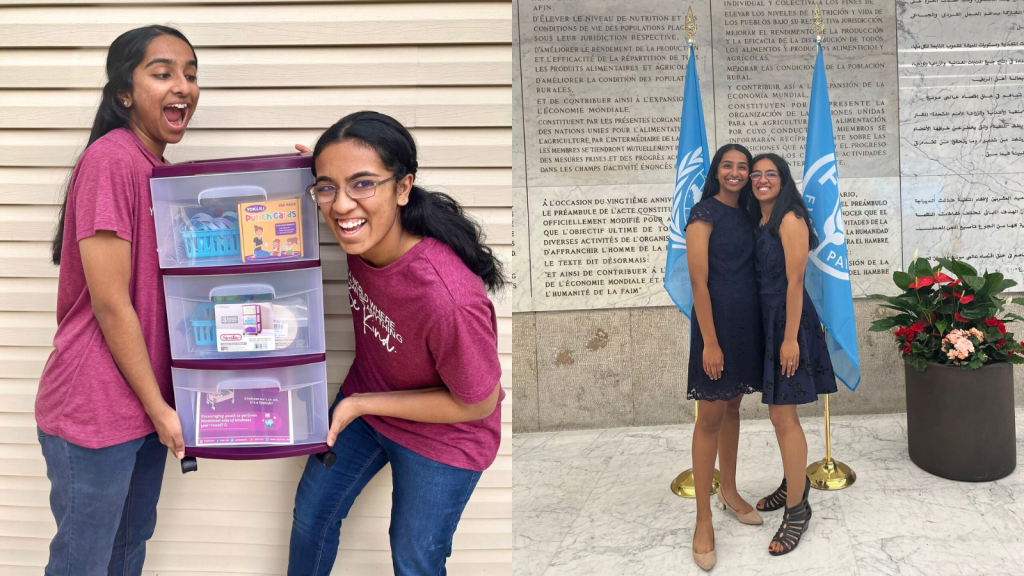 Two photos of Esha and her sister at the UN (left) and with a move-in box (right)