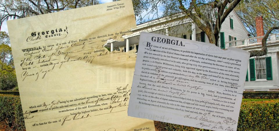 Antique papers overlayed on image of historic house.