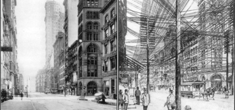 Gloria Calhoun studies the "underground question." As telecommunications infrastructure grew, Americans began to question whether they wanted their cities to look like the image on the left or the right, she says.