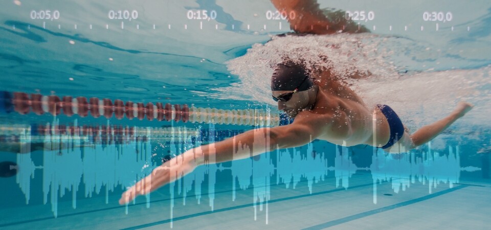 Swimmer in pool with sound wave overlay.