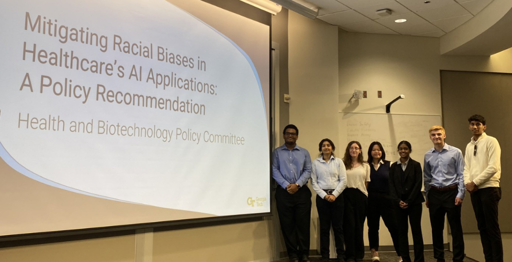 Harve and her group present policy recommendations on Mitigating Racial Bias in Healthcare's AI Applications at the club's Spring showcase event.