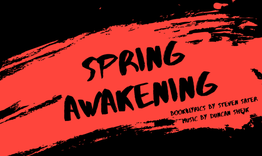 "Spring Awakening" appears in the middle of a red streak against a black background.