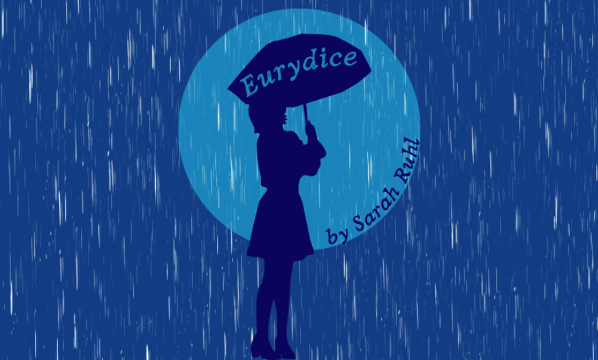 a drawing of a woman's silhouette standing in the rain, holding an umbrella