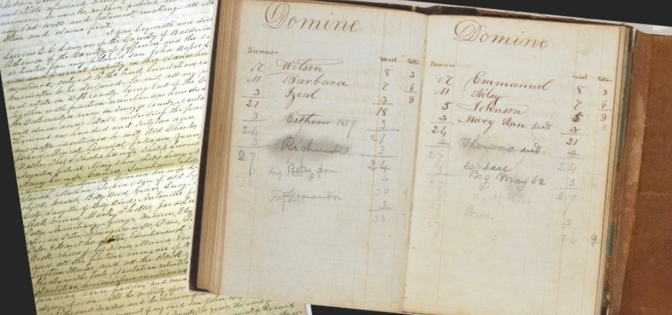 Left: An image of Zachariah Lamar's last will and testament from 1832. It bequeathed Cyrus, Sukey, Emmanuel, and Anderson to Lamar's daughter Mary Ann and Ghent and Henry to Lamar's son, Andrew. The will is transcribed on the Seen/Unseen website. Right: A privately held plantation book from 1859 lists Emmanuel, Ailsy, and their children Johnson and Mary Ann as property of the Domine plantation. (Image courtesy of the T.R.R. Cobb House Museum.)