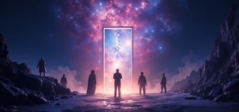 Figures standing before a doorway in space.