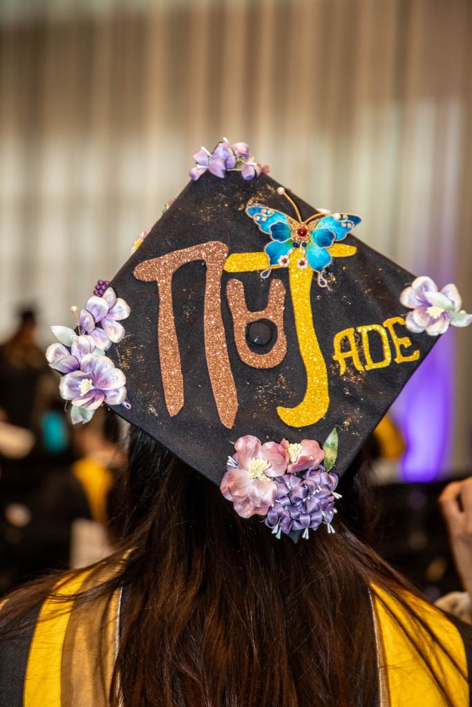decorated grad cap at the commencement ceremony