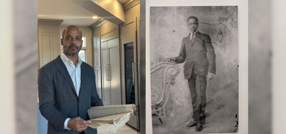 Beaulieu with his great-grandfather's journal. He is transcribing a portion of it for his final project in the M.S. ALIS degree next to a photo of Beaulieu's great-grandfather, Abel Labossière.