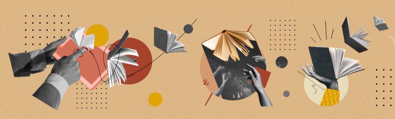  Interactive and engaging learning experiences. Dynamic nature of modern education, hands with books and digital devices. Contemporary art. Concept of education, modern technology, online learning 