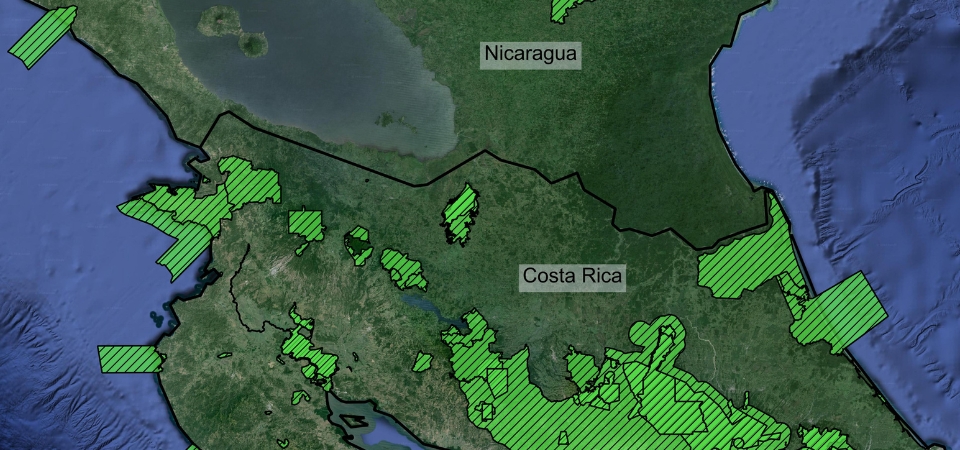 A topographical map of Nicaragua and Costa Rica, with areas marked off in green.