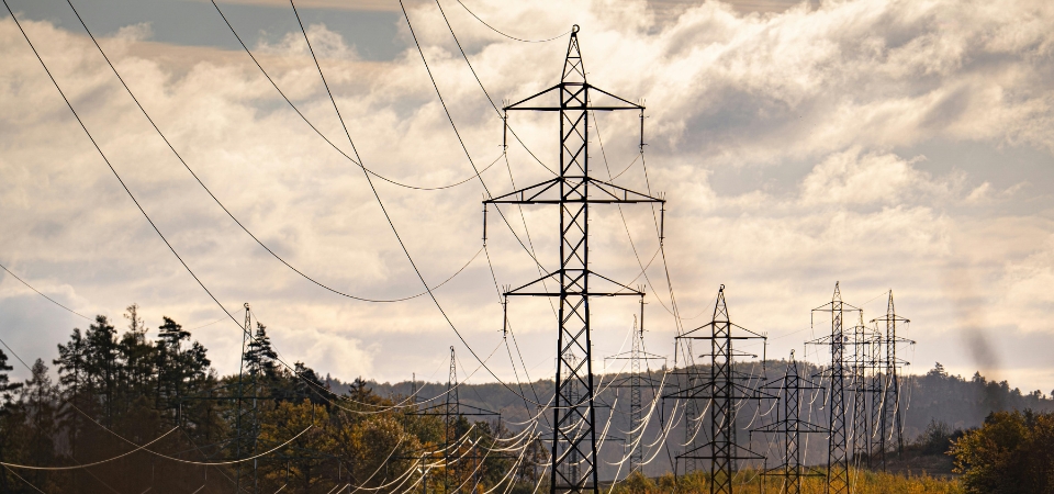 Scenic Landscape with Electric Power Lines in Autumn