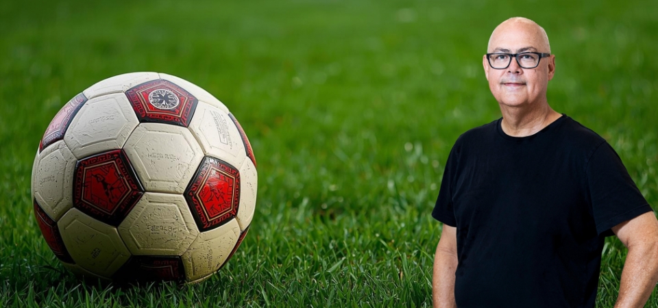 Photo compilation of Kirk Bowman standing in front of a soccer ball on a green soccer pitch.