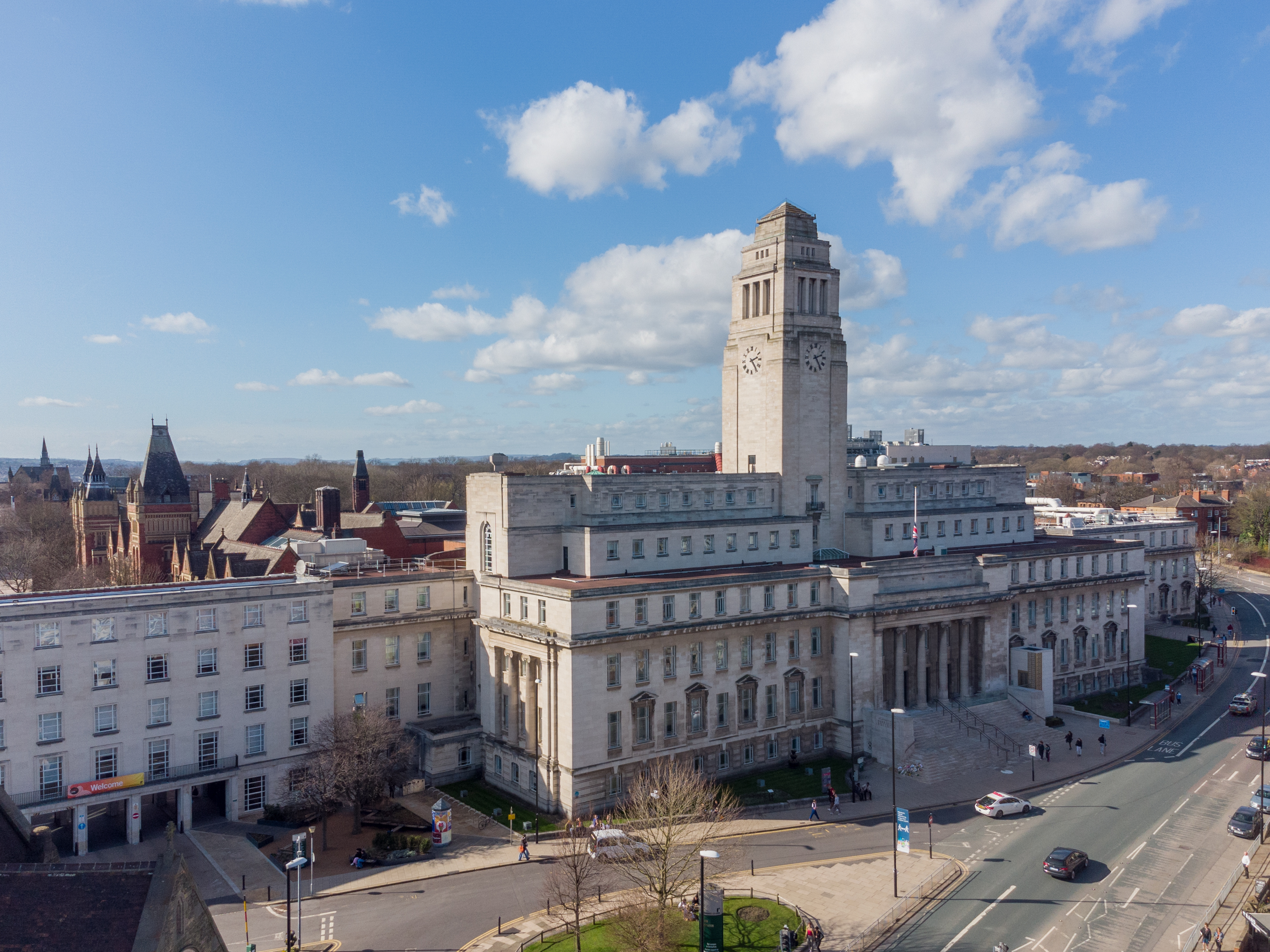 The historic brick Great Hall at the University of Leeds