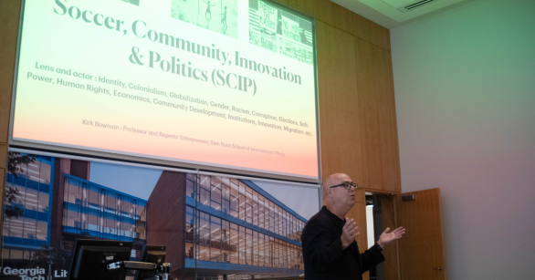 International Affairs professor Kirk Bowman speaking about soccer and politics