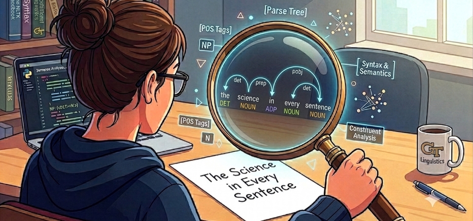An illustration of a student using a magnifying glass to reveal a digital linguistic parse tree over the phrase "The Science in Every Sentence," featuring a laptop with code and a GT Linguistics coffee mug on the desk.