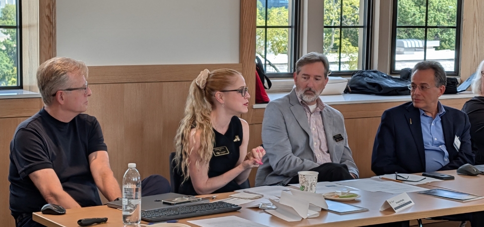 Ivan Allen College Dean Amanda Murdie speaks at the Council of Liberal Arts Leaders at Technological Universities (COLLT) at Georgia Tech on Sept. 4, 2026. Looking on Senior Associate Dean Richard Utz, Associate Dean William Winders, and Mehrzad Boroujerdi, dean of the College of Arts, Sciences, and Education at Missouri University of Science and Technology.