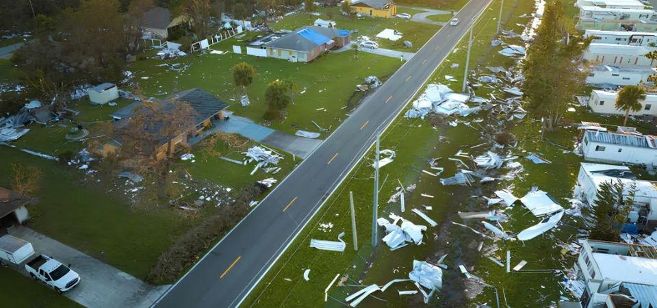 A Florida neighborhood destroyed in the aftermath of Hurricane Ian, 2002.