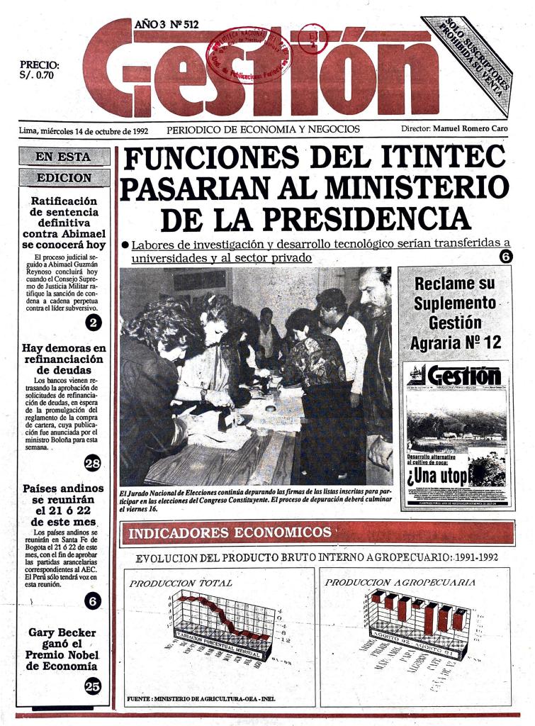 Reporting on the closure of the Institute in Gestión, Newspaper of Economy and Business. The headline in Spanish reads: "The function of the ITINTEC will pass to the Ministry of the Presidency: research tasks and technological development will be transferred to universities and the private sector."