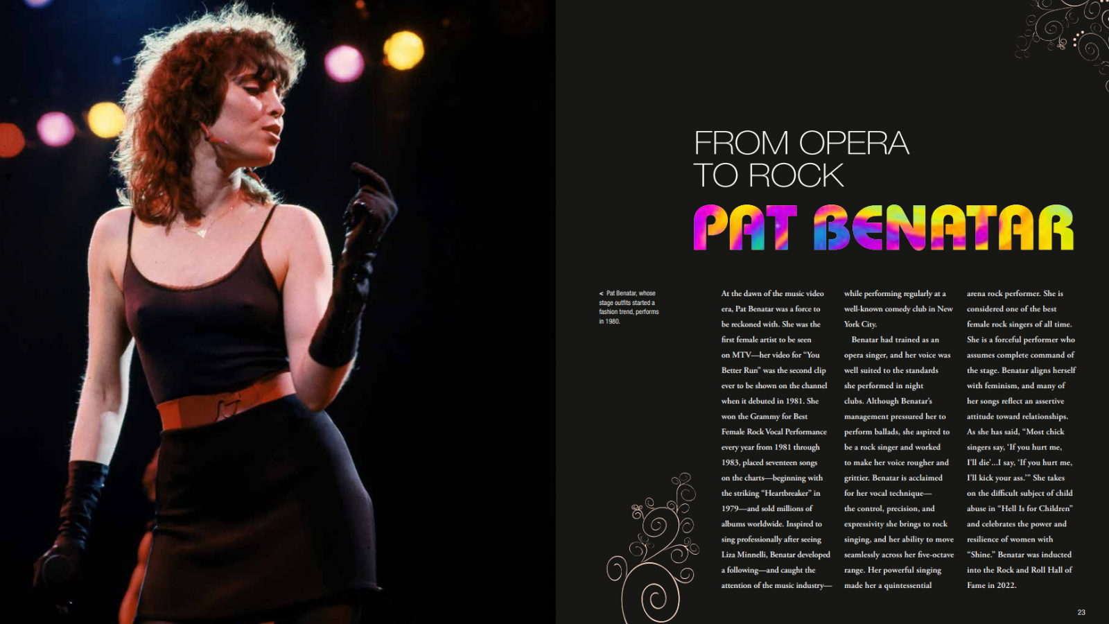 book spread with a picture of Pat Benatar and the opening text of her section