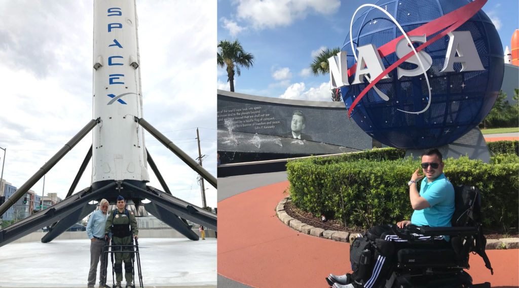 Photos of Ignacio Montoya at a Space X rocket and NASA sign
