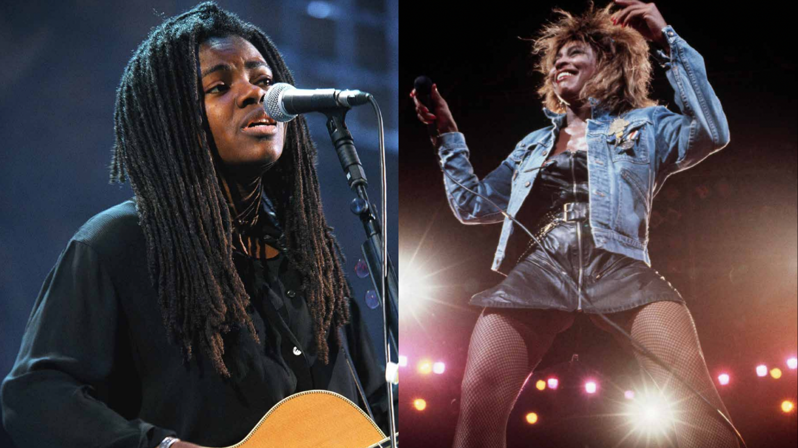 Left: singer Tracy Chapman performing with an acoustic guitar. Right: Tina Turner on stage 