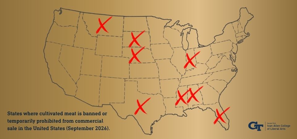 Map of the 8 US states where cultivated meat is banned or temporarily prohibited from commercial sale (Montana, South Dakota, Nebraska, Indiana, Florida, Mississippi, Texas, Alabama).