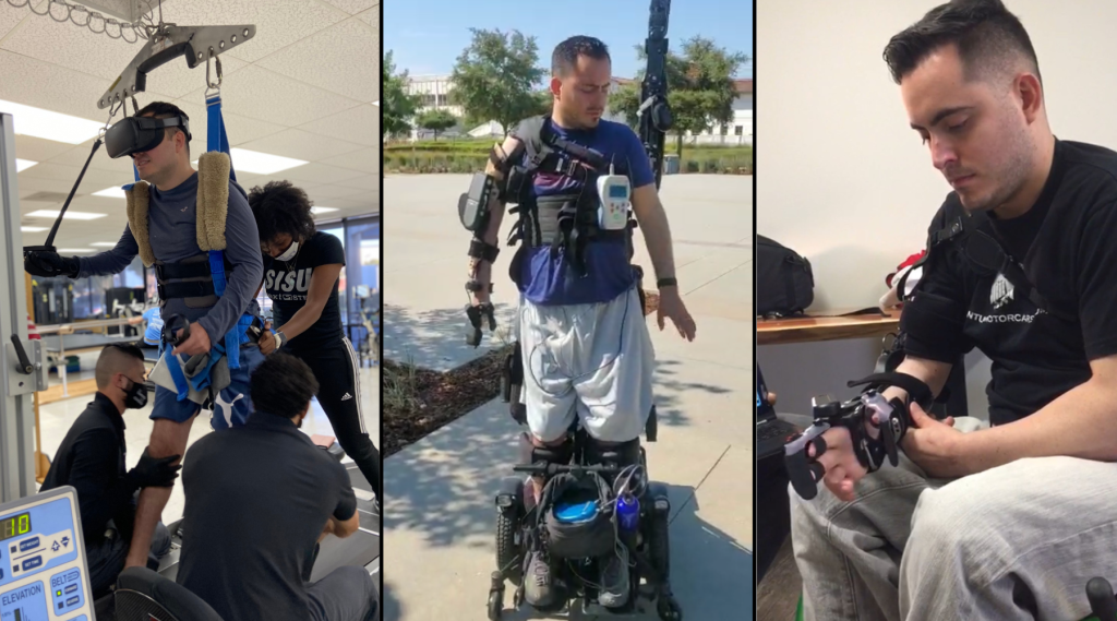Photos of Ignacio using machines to help him walk again