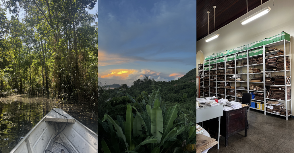 Images from Dysart's fieldwork and archival work in Brazil — a boat on the amazon river, the jungle at sunset, and a stack of archived paperworks