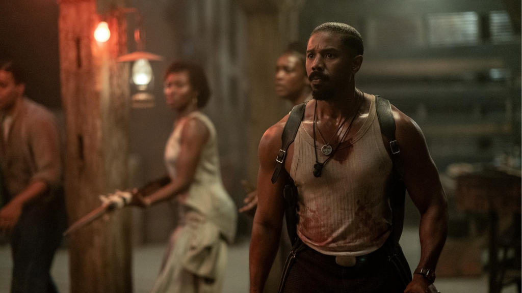 Four people covered in blood, looking afraid and holding weapons.