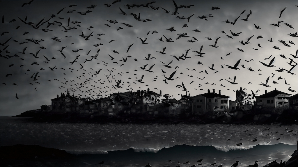 a seaside town overshadowed by an enormous flock of birds