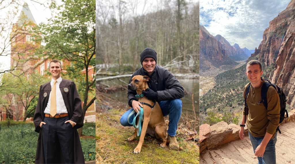 Three photos of Zach in his grad cap and gown, in the woods with his dog, and hiking at a canyon view point