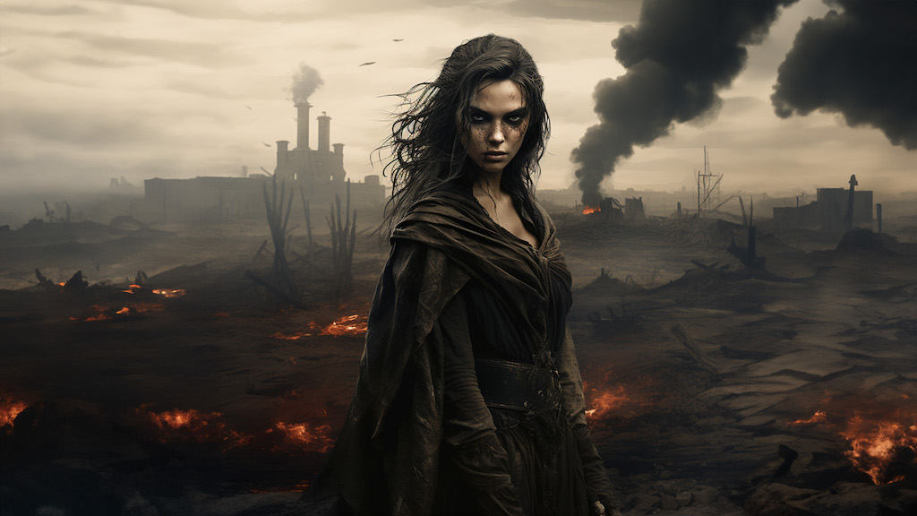a woman dressed in a goth outfit in front of a burning and polluted landscape