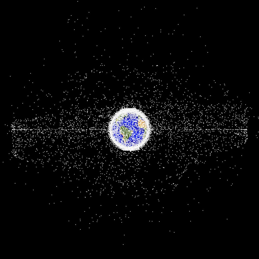 White dots on a black background with Earth in the center representing the position of tracked objects in space.