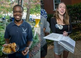 Left: ROTC student with a plate of food, Right: student signing the tailgate guest book