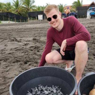 Thomas on a beach with baby turtles