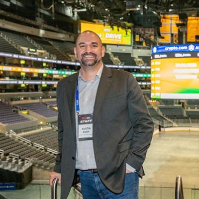Austin Karp in a basketball arena